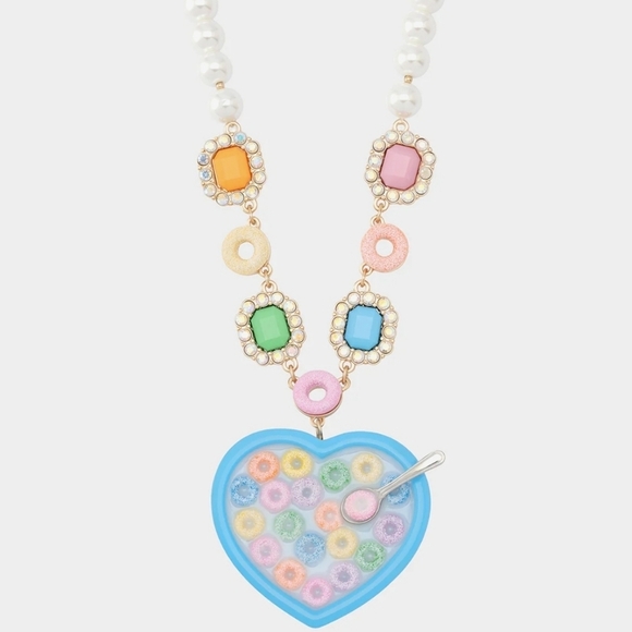 💙🔹️Betsey Johnson🔹️ Beautiful Heart Shaped Bowl Cereal Pearl Spoon Necklace - Picture 1 of 15